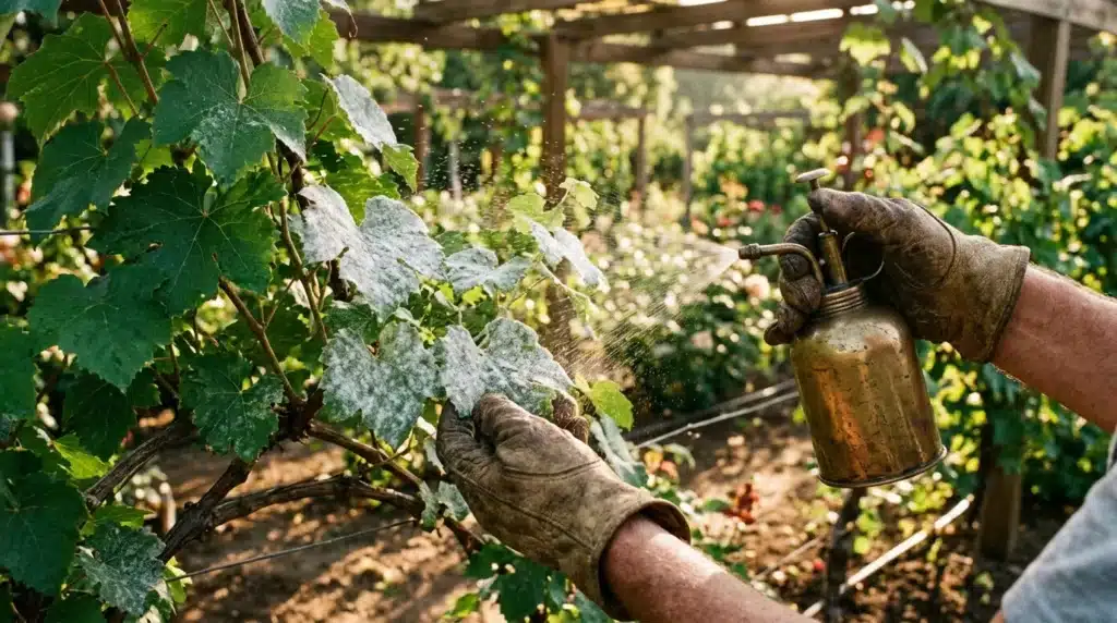 Vigneron pulvérisant un produit phytosanitaire sur des feuilles de vigne