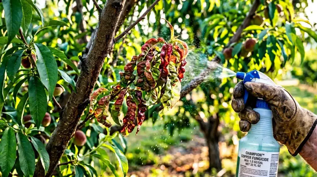 Main pulvérisant un fongicide cuivre sur feuilles malades d'arbre