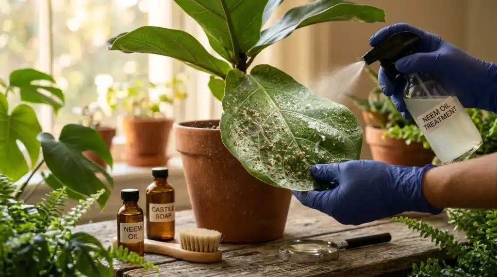 Personne pulvérisant traitement neem sur feuille de plante verte