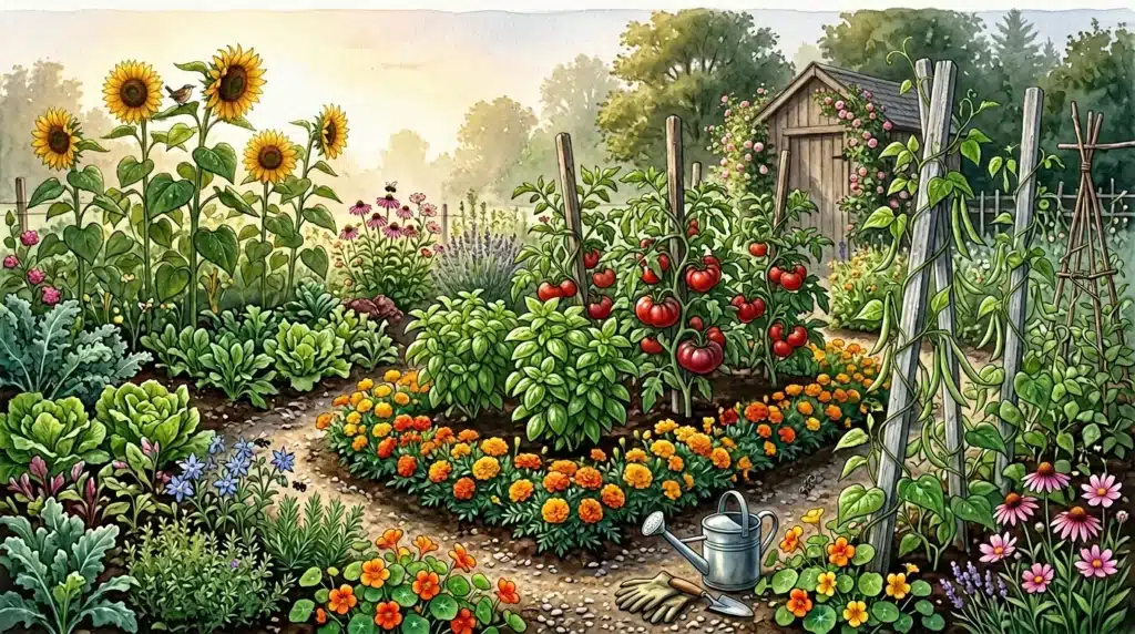 Jardin potager coloré avec légumes, fleurs et cabane