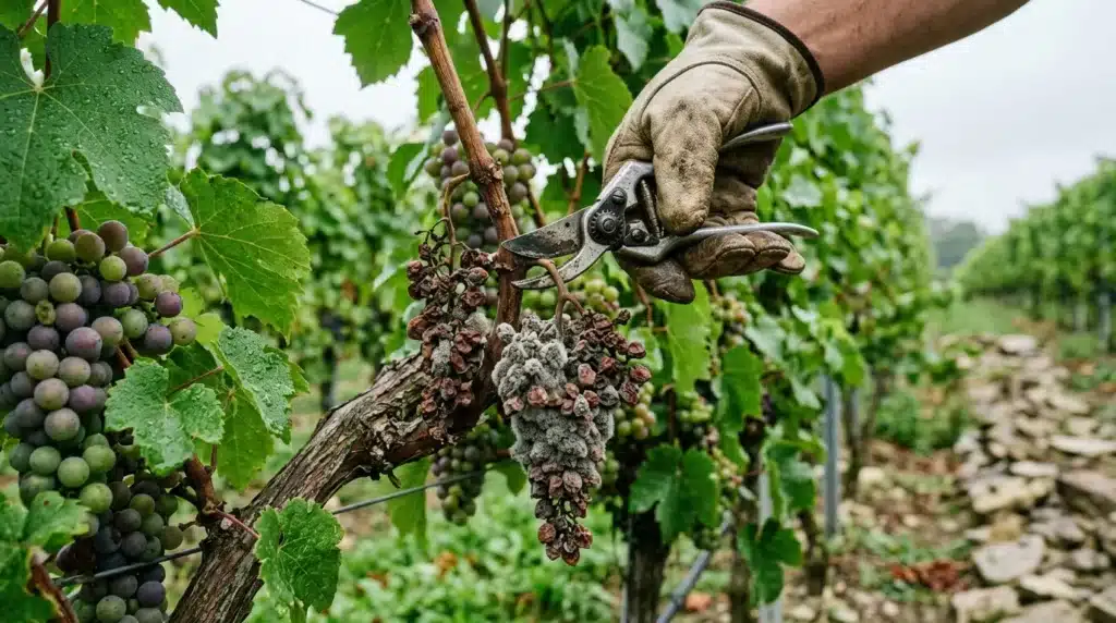 Vigneron coupant grappe de raisin avec sécateur en vignoble