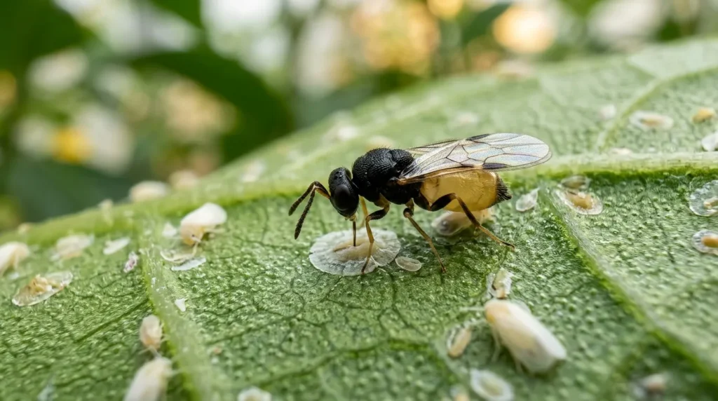 Abeille noire et jaune sur feuille avec petits insectes blancs