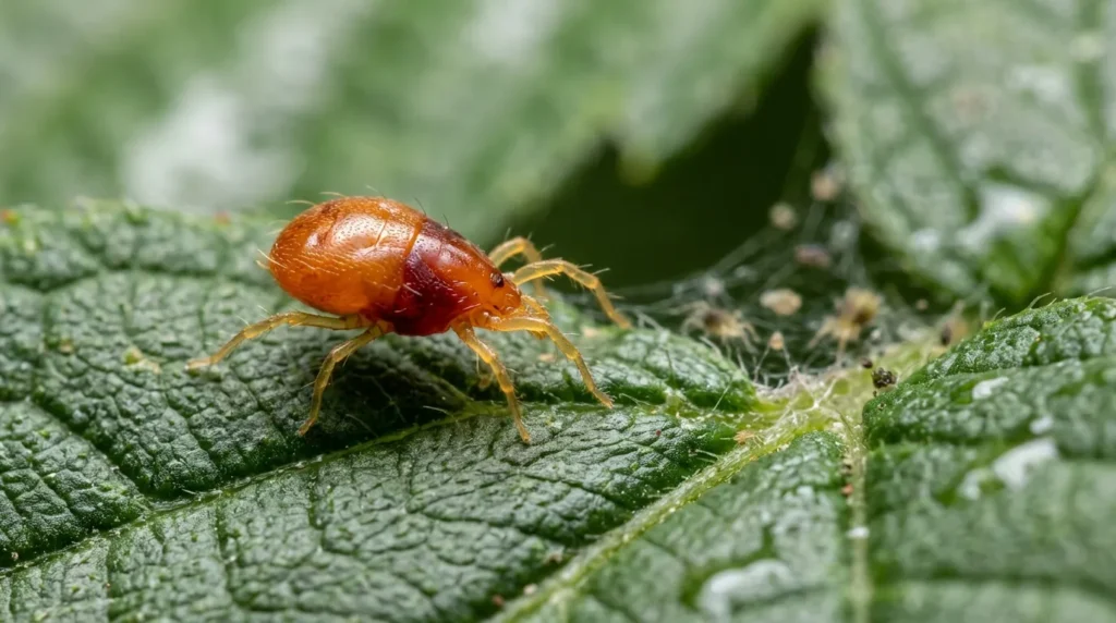 Acarien rougeâtre marchant sur une feuille verte texturée