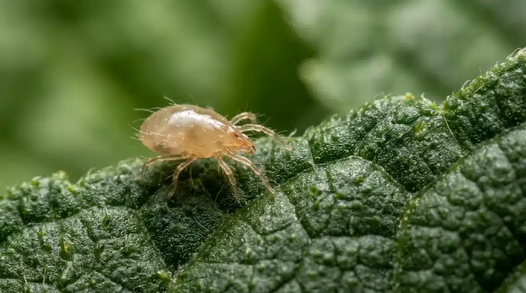 Petit acarien translucide marchant sur une feuille verte texturée