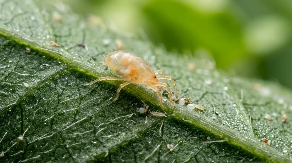 Petit acarien beige sur feuille verte mouillée de rosée