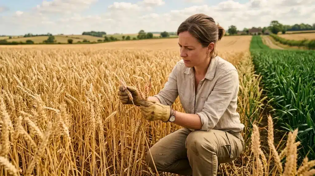 Femme agriculteur examinant blé mature dans champ