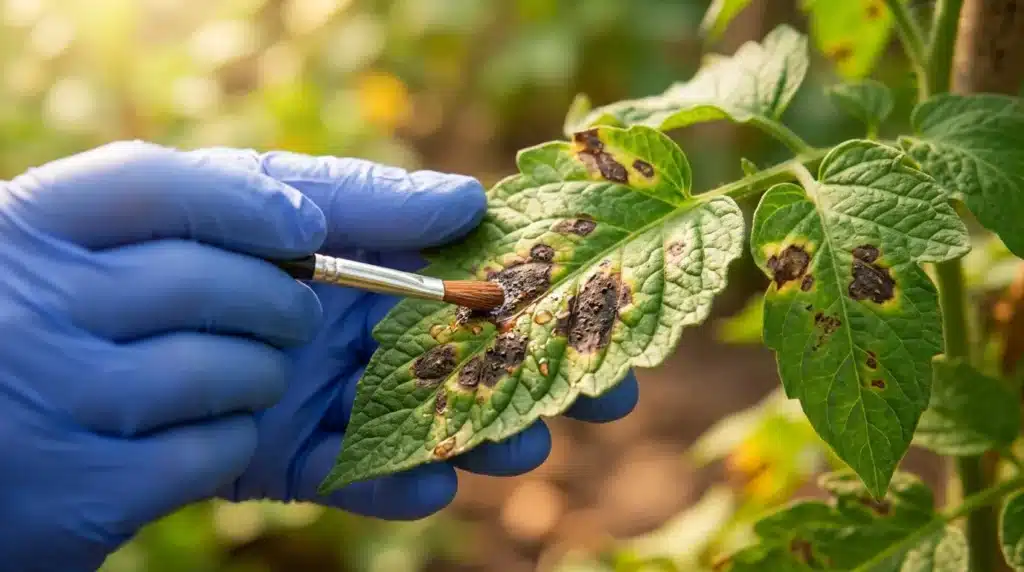Main gantée examinant feuille malade avec pinceau scientifique