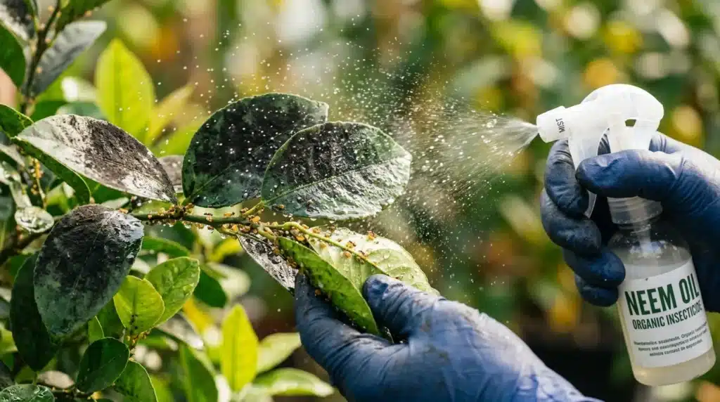 Pulvérisation d'insecticide neem organique sur feuilles végétales