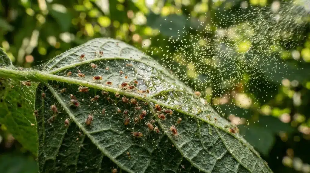 Araignée avec ses bébés sur feuille mouillée sous la pluie