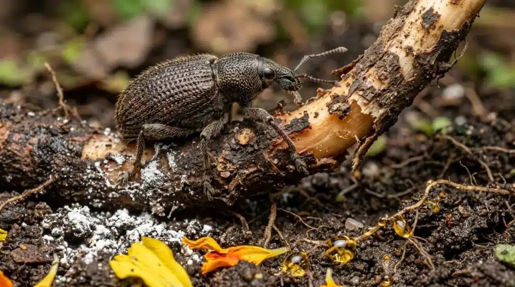 Petit insecte noir texturé sur branche de bois mort