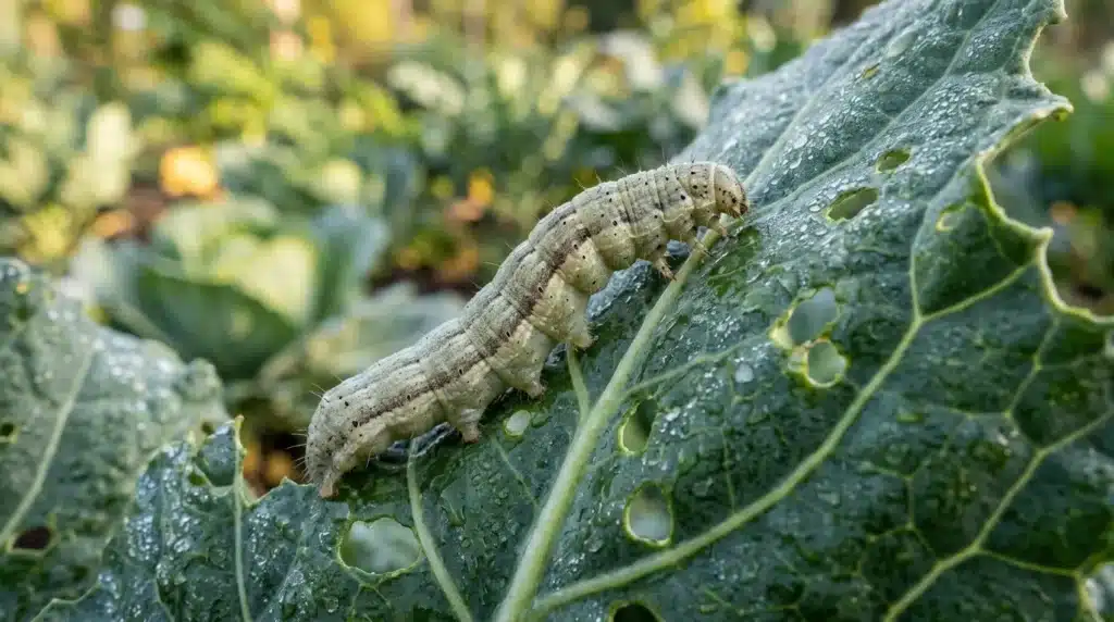 Chenille grise sur feuille verte couverte de gouttes d'eau