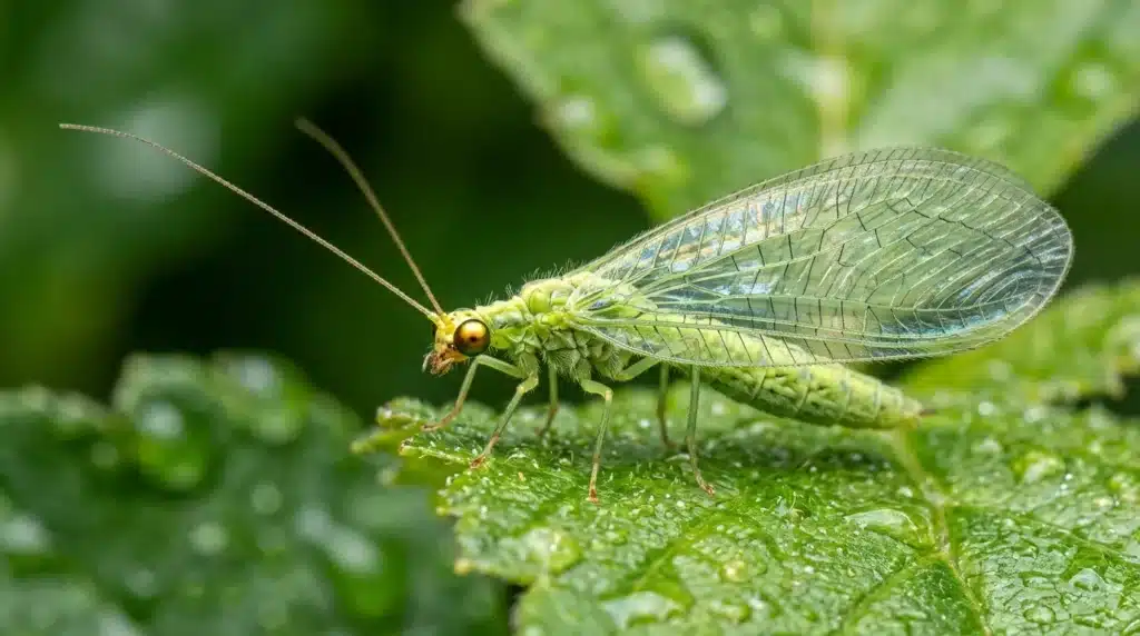Insecte vert aux ailes transparentes sur feuille mouillée