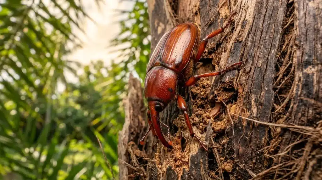 Insecte coléoptère rougeâtre rampant sur écorce d'arbre