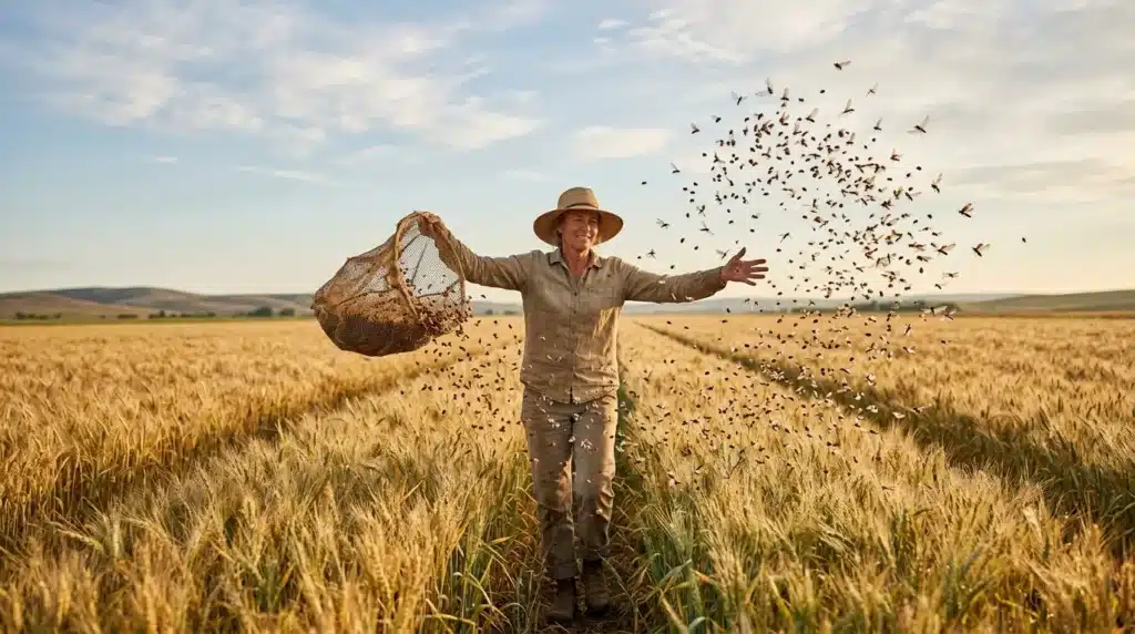 Agriculteur dispersant graines dans champ de blé doré