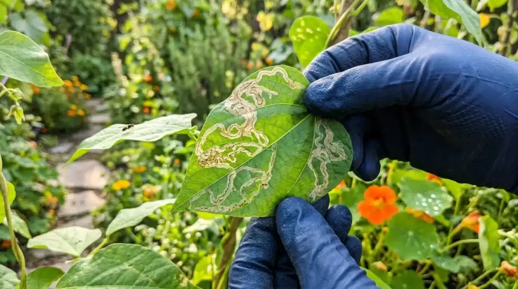 Main gantée tenant feuille verte avec galeries sinueuses de larves