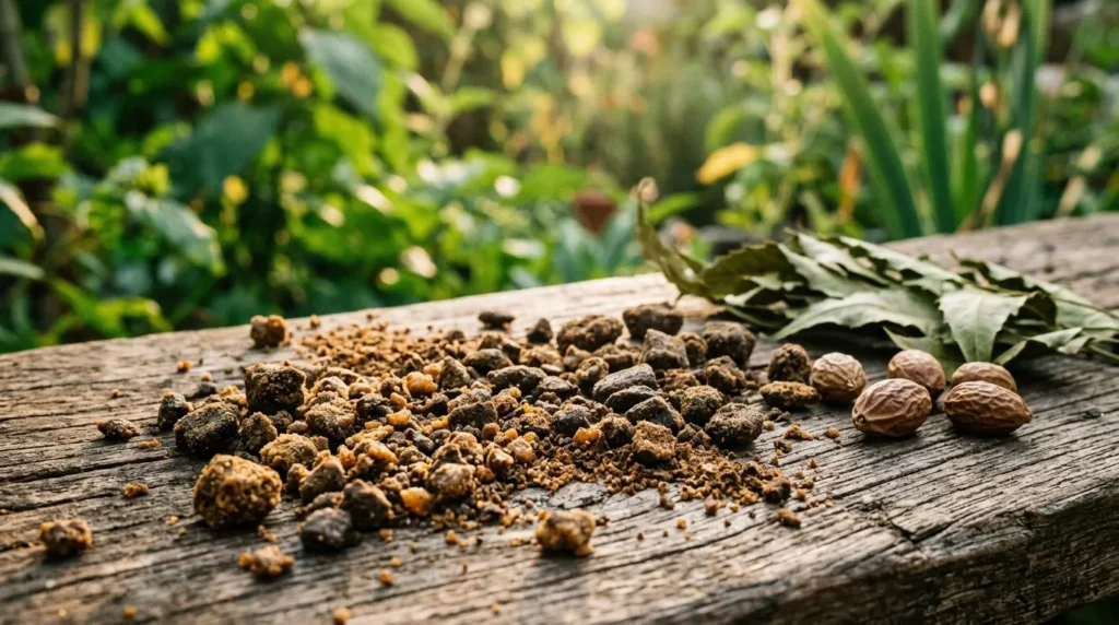 Graines et noix sur bois avec plantes vertes