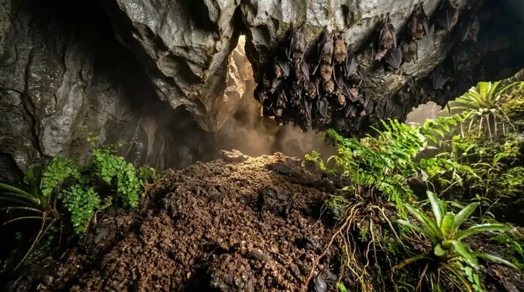 Intérieur de grotte avec chauves-souris suspendues et plantes vertes