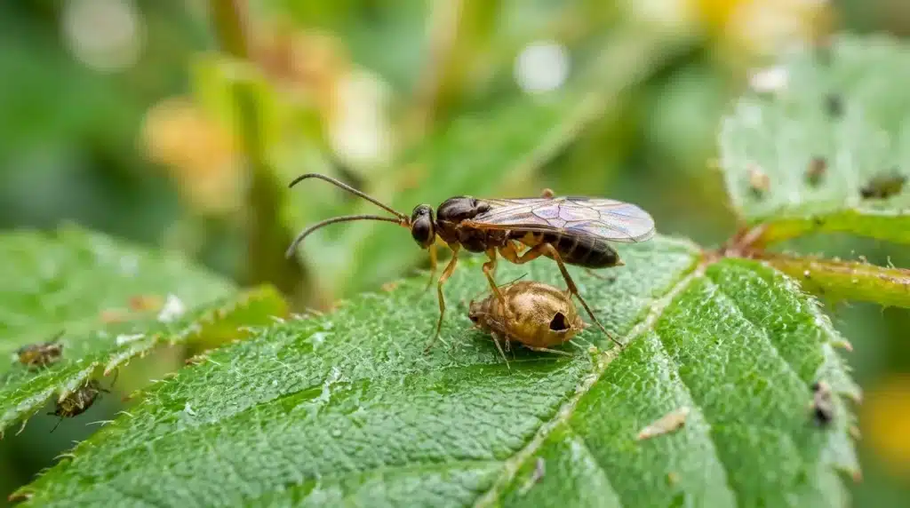 Guêpe marron sur feuille verte avec gouttelettes d'eau
