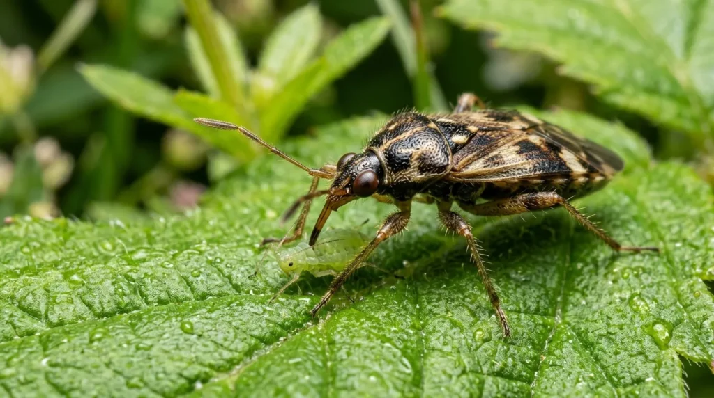 Insecte brun tacheté posé sur une feuille verte humide