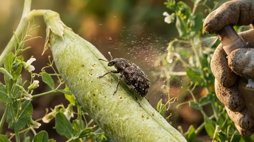 Coléoptère noir grignotant une gousse verte de plante