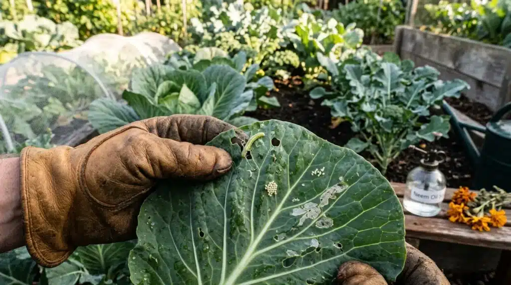 Main gantée inspectant une feuille de chou endommagée au jardin