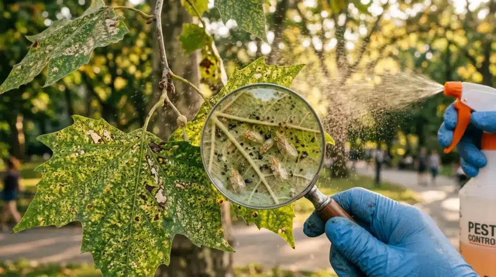 Loupe révélant insectes sur feuille endommagée