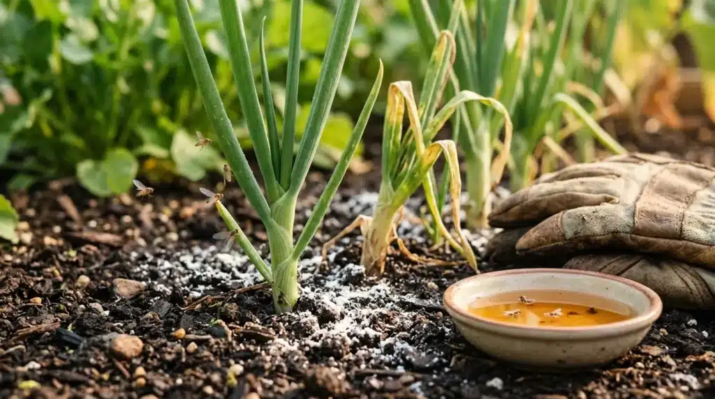 Plants verts avec engrais naturel en bol, gants de jardinage