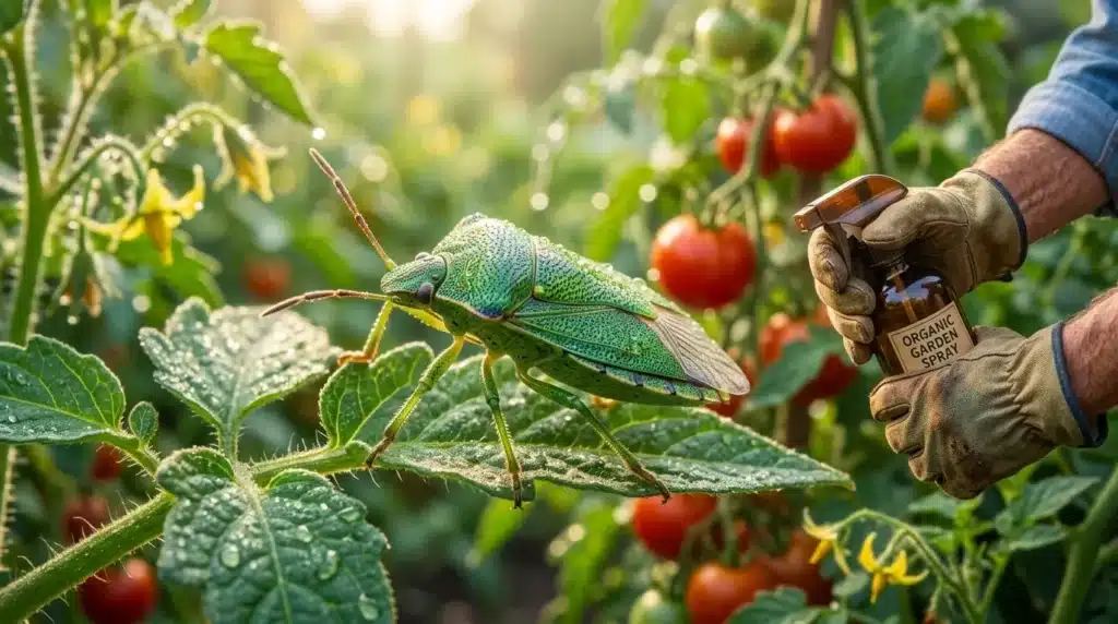 Agriculteur applique spray biologique sur tomate avec insecte