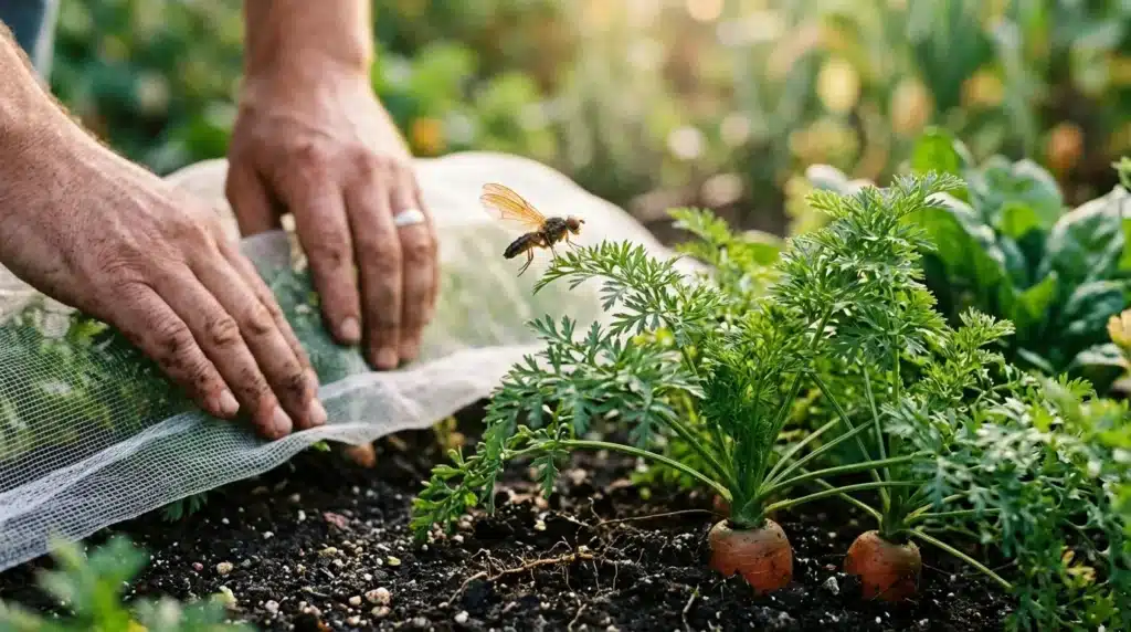 Mains posant filet protecteur sur carottes cultivées au jardin