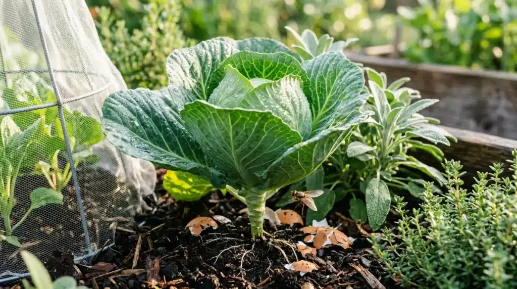 Plant de chou vert avec filet de protection au potager