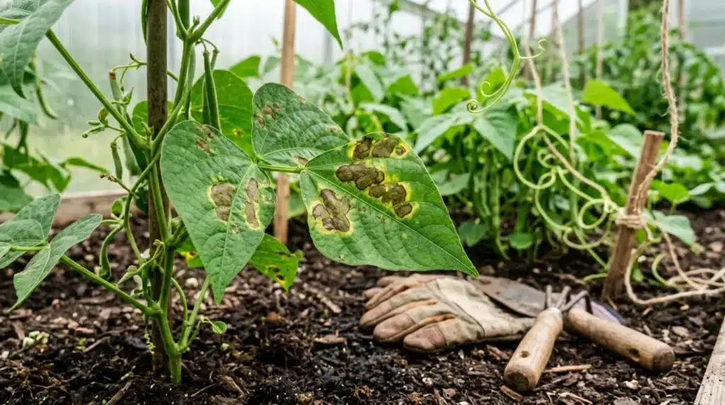 Feuilles malades avec taches brunes sur plant de légume