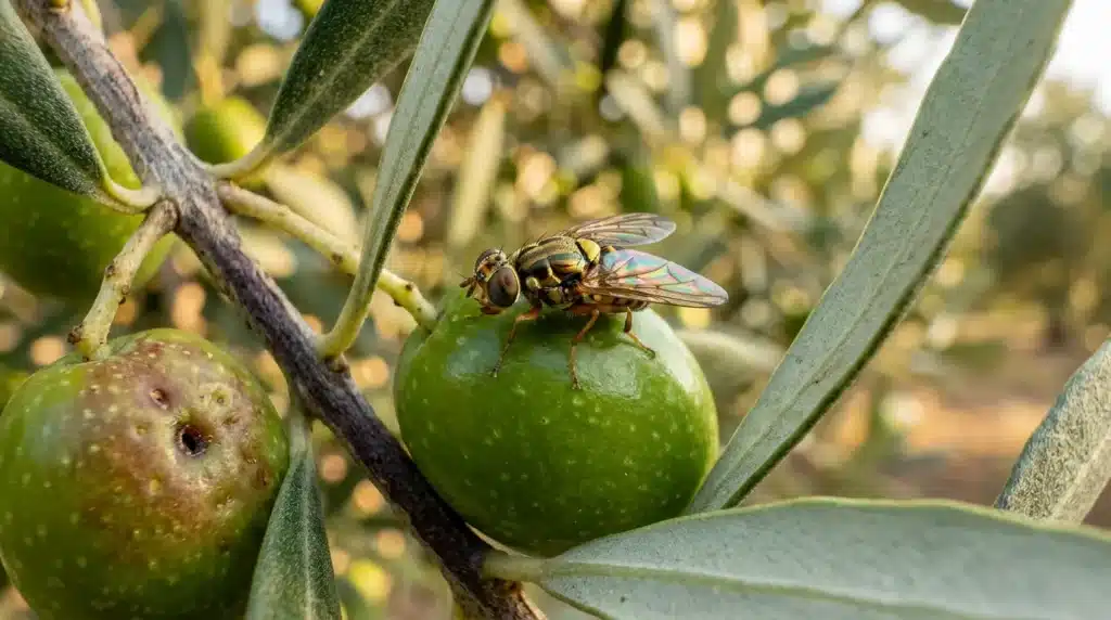 Mouche dorée posée sur une olive verte sur sa branche