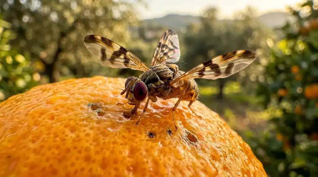 Mouche aux yeux rouges posée sur une orange dans un verger