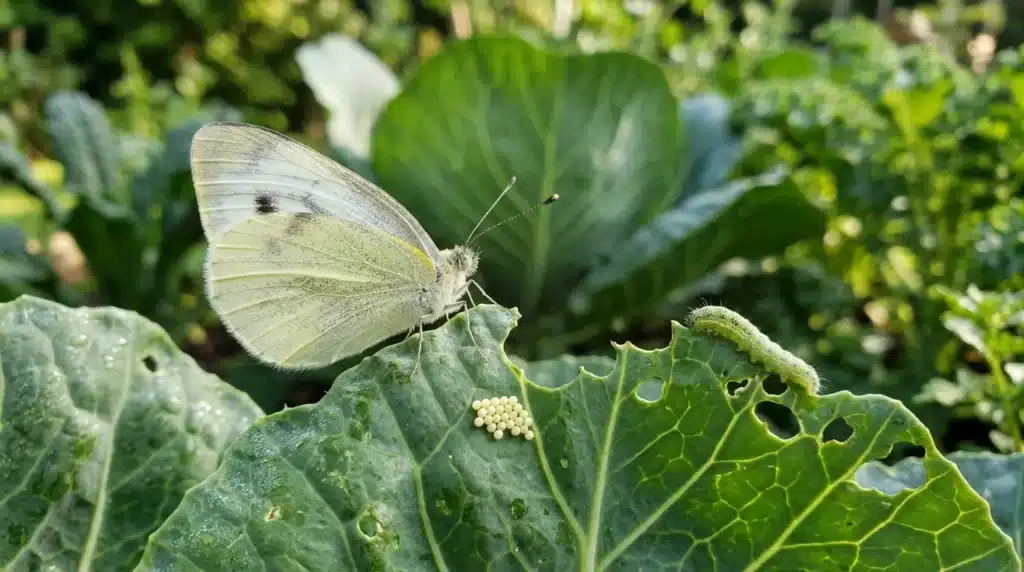 Papillon blanc sur feuille verte avec œufs