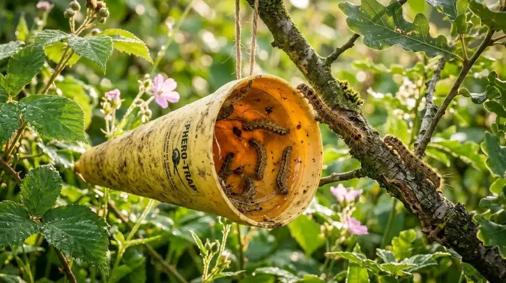 Piège à insectes orange accrochés à branche, jardin fleurs roses