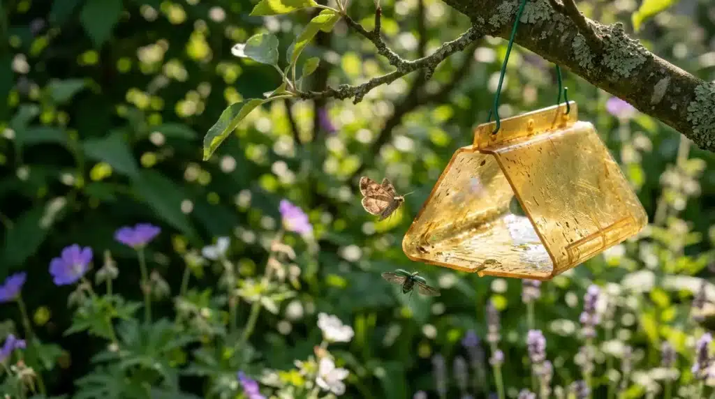 Piège jaune suspendu à une branche avec papillons et abeille