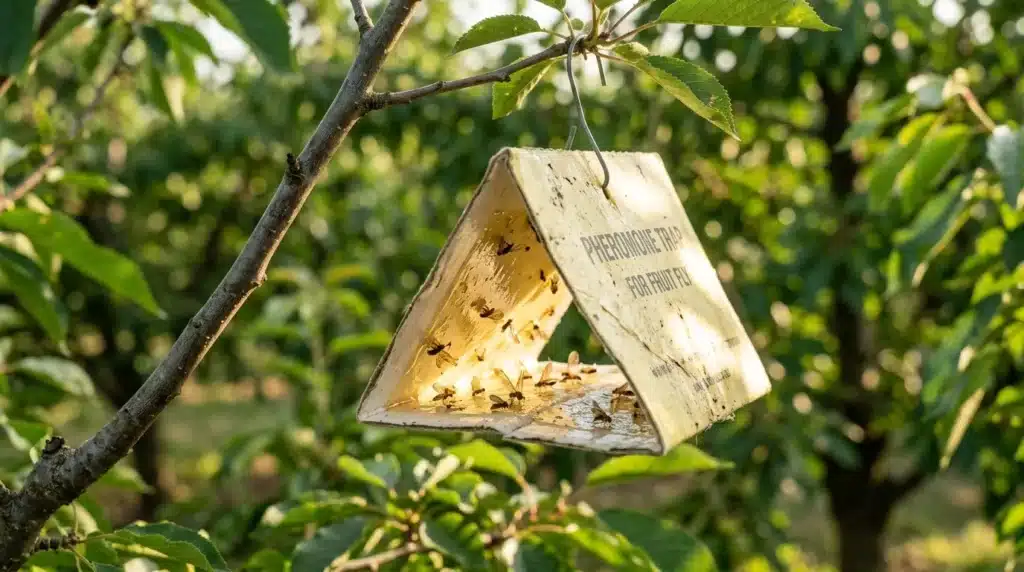 Piège collant jaune suspendu à une branche d'arbre