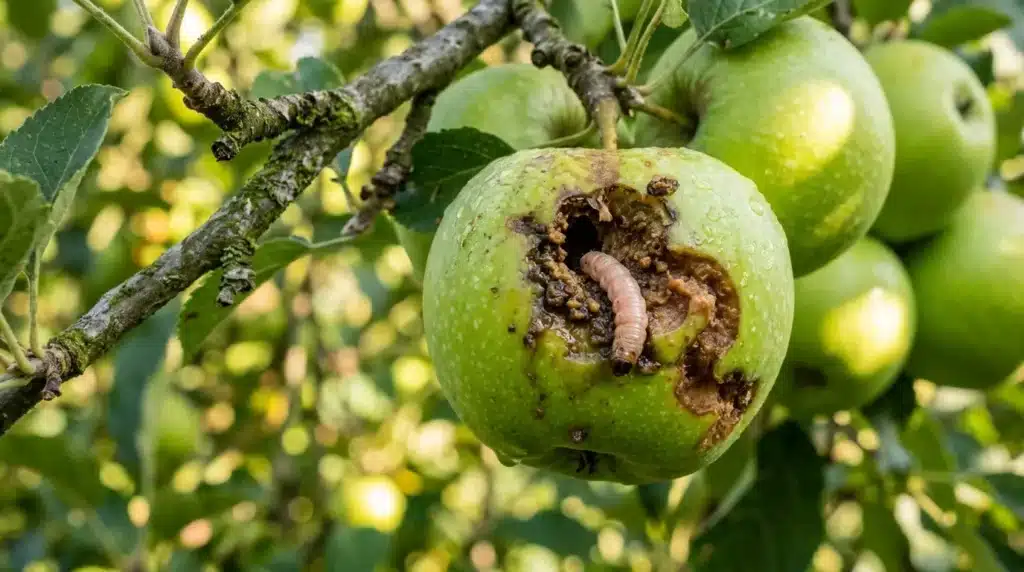 Ver blanc sort d'une pomme verte endommagée sur branche