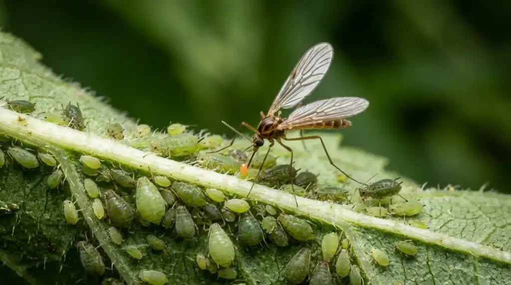 Insecte ailé prédateur sur branche couverte de pucerons verts