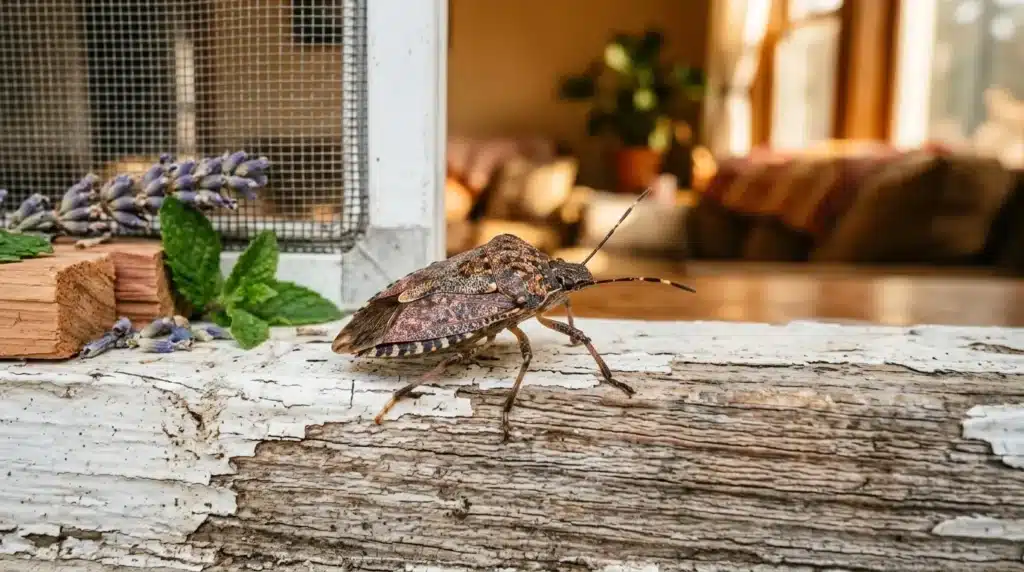 Insecte marron sur bois peint blanc écaillé