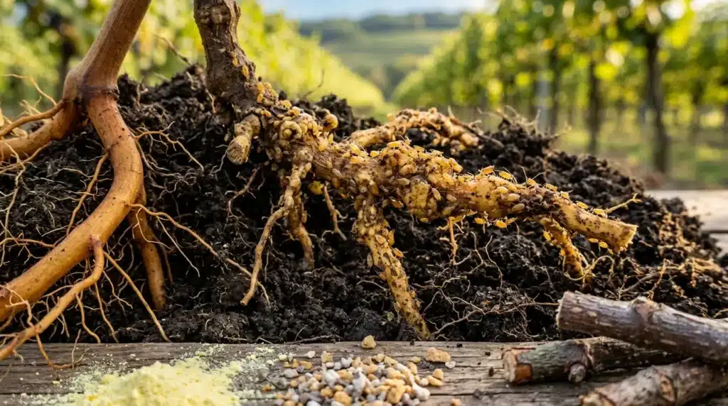 Système racinaire de vigne exposé dans un vignoble
