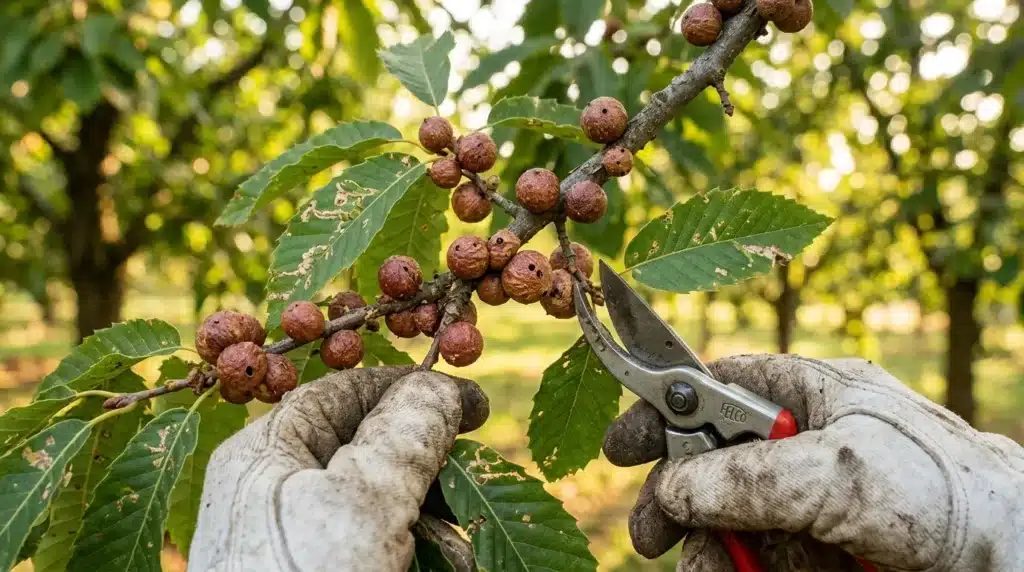 Main gantée cueillant des fruits bruns avec sécateur