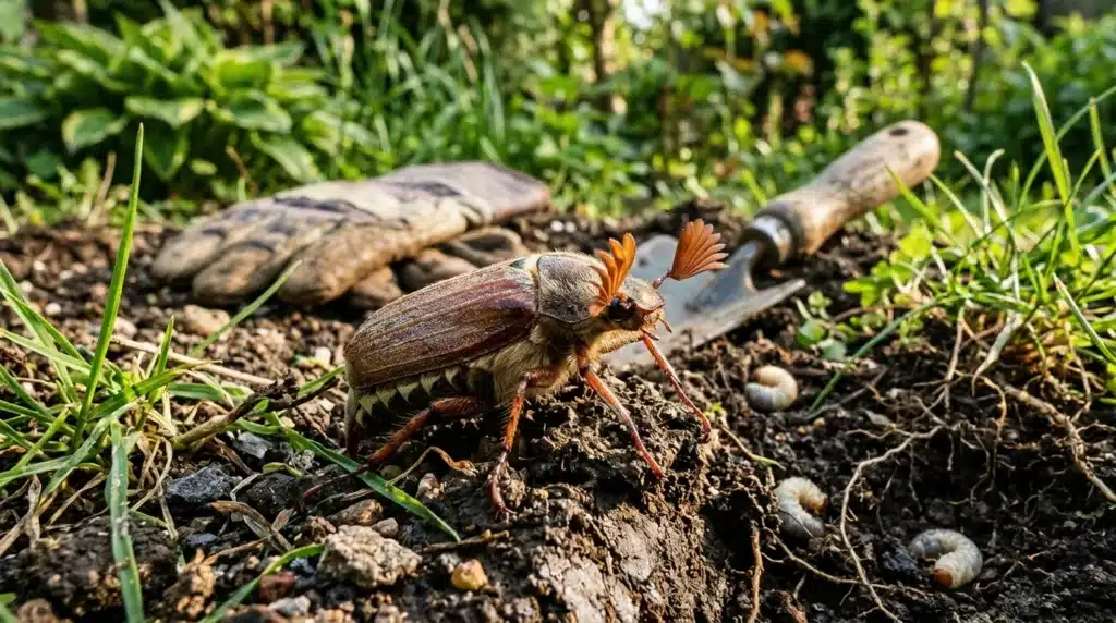 Scarabée brun aux ailes oranges sur terre près de gants