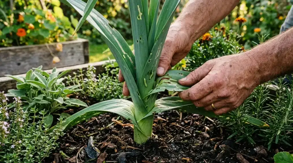 Mains d'un jardinier soignant une plante verte en jardin fleuri