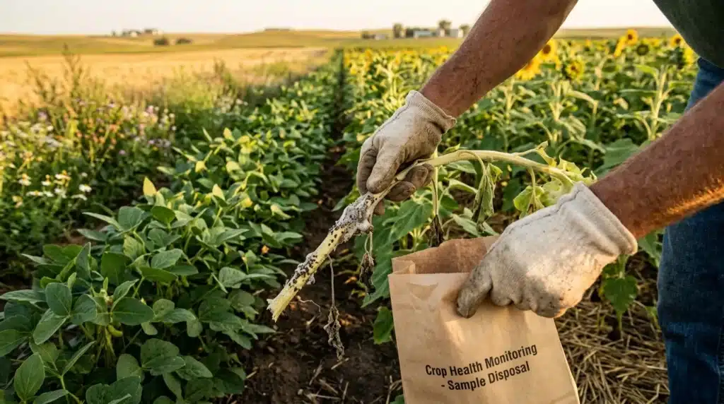 Agriculteur prélevant échantillon plante soja champ
