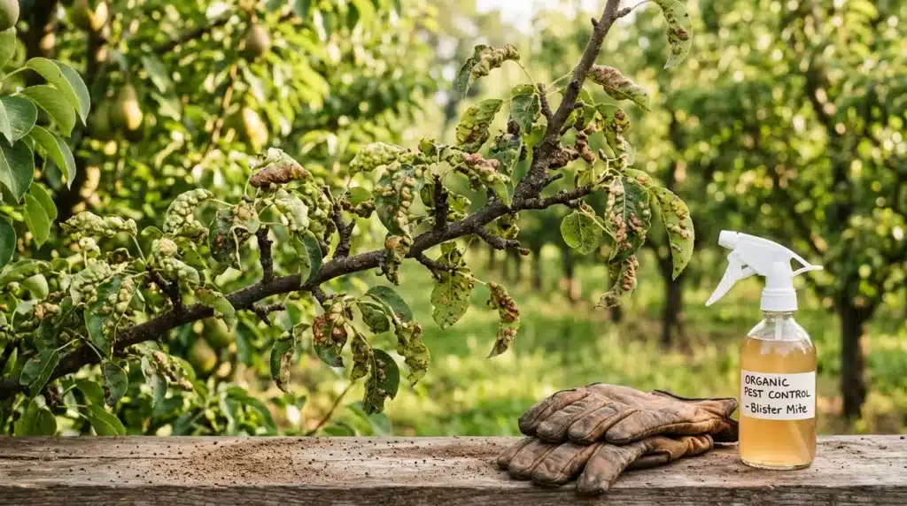 Spray antiparasitaire biologique près d'arbre infesté de mites