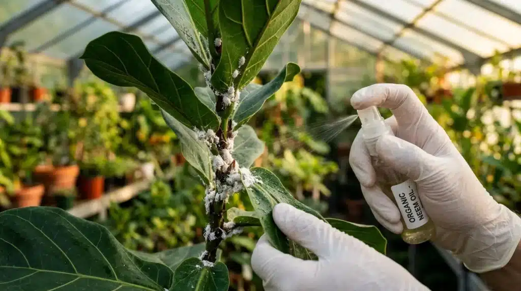 Main pulvérisant insecticide organique sur feuilles de plante