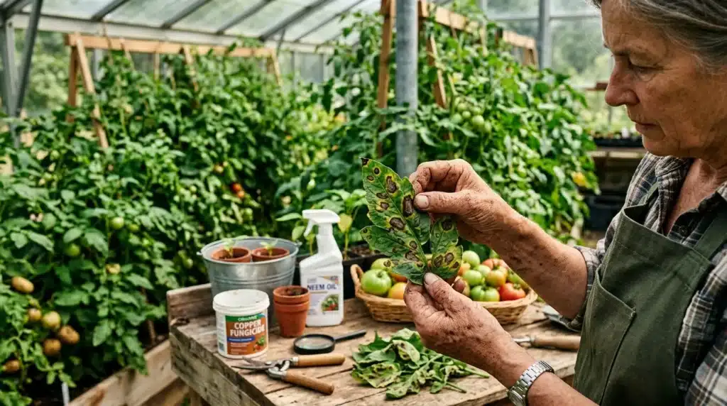 Jardinier examine feuille malade en serre avec produits phytosanitaires