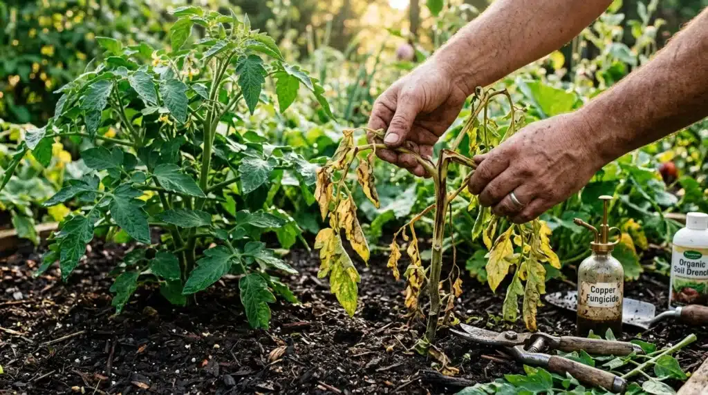 Jardinier appliquant un fongicide cuivre sur plant malade
