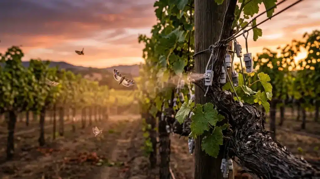 Vignes et papillons au coucher soleil dans vallée.